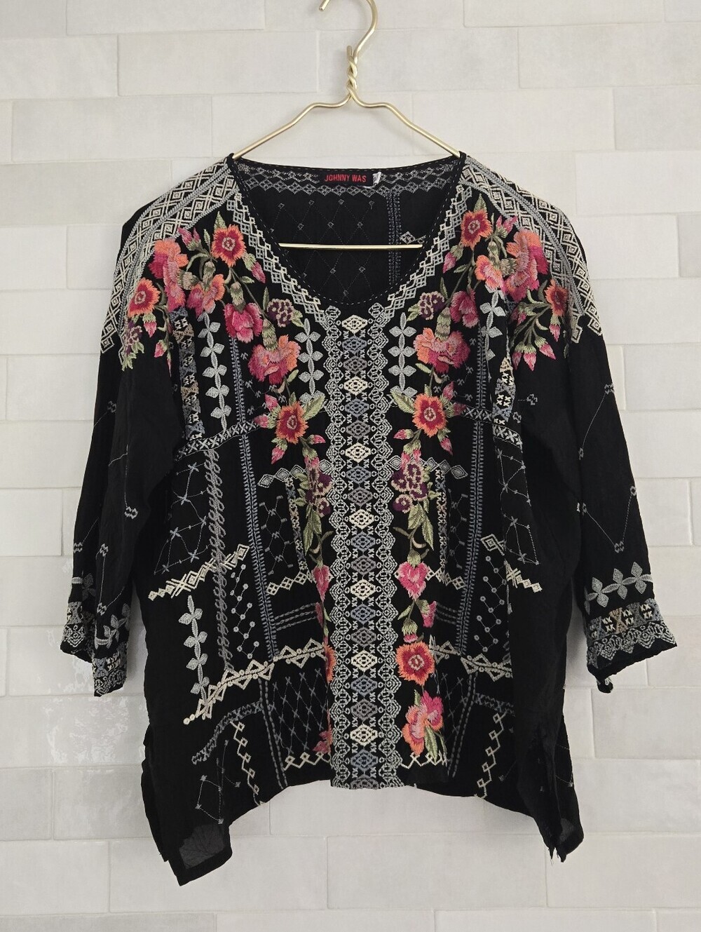 Johnny Was Carnation Floral Embroidered Patchwork Blouse Top Black Pink Relaxed - Picture 2 of 10